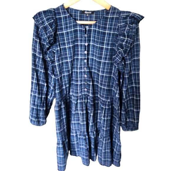 Madewell Women's Plaid Ruffle-Trim Button-Down Dress Prairie Style 80s Size M - Picture 2 of 8